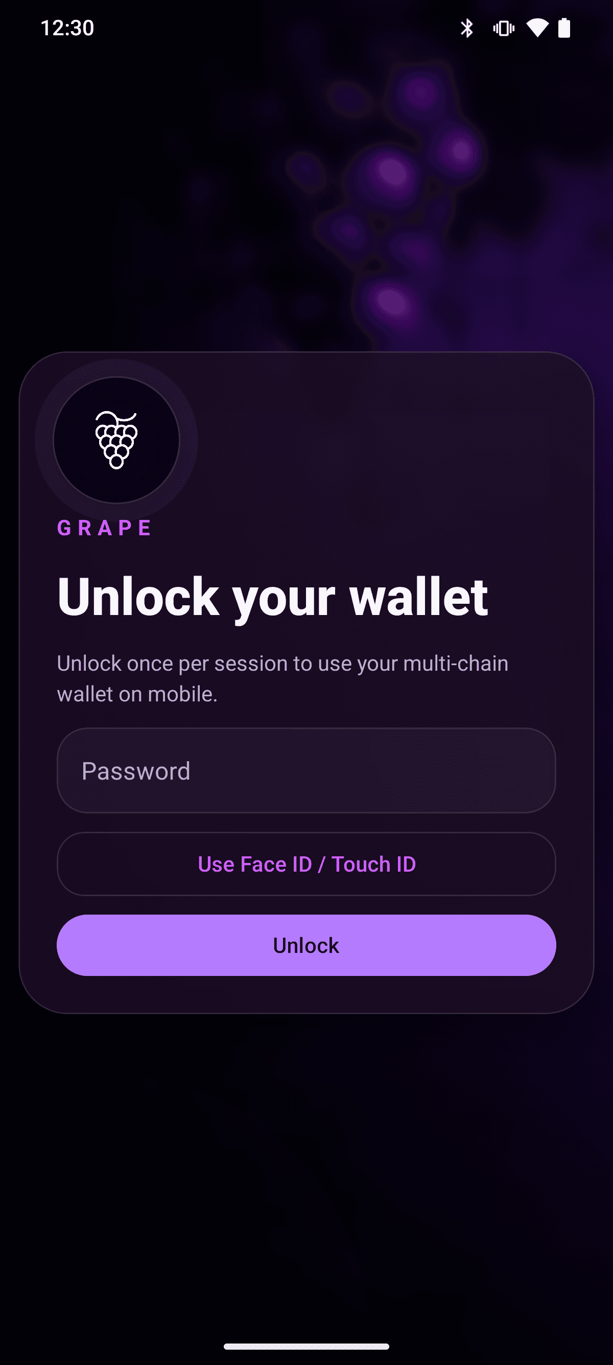 Grape Wallet beta unlock screen on Android