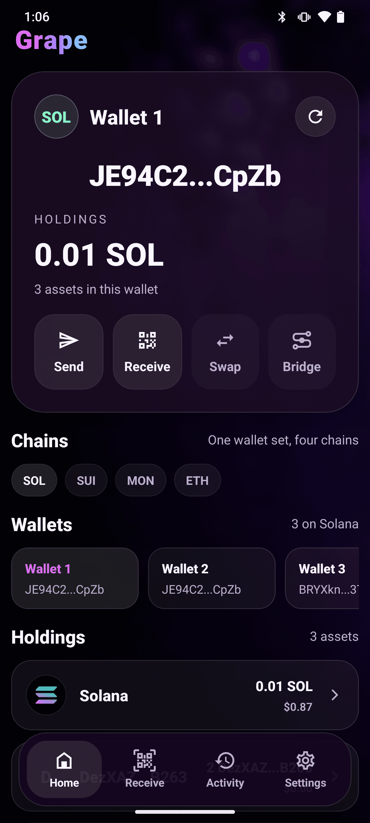 Grape Wallet beta home screen on Android